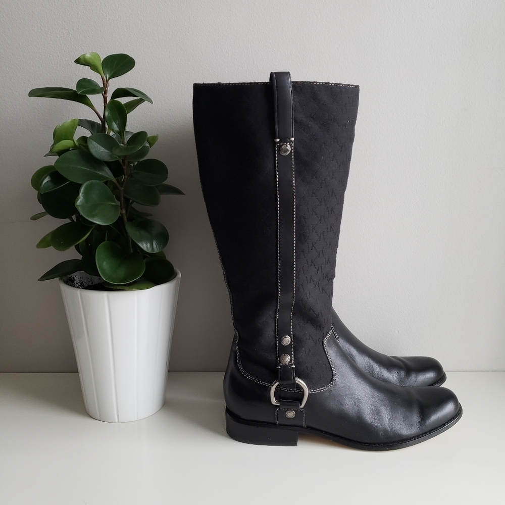 Anne Klein monogrammed fabric and leather riding boots